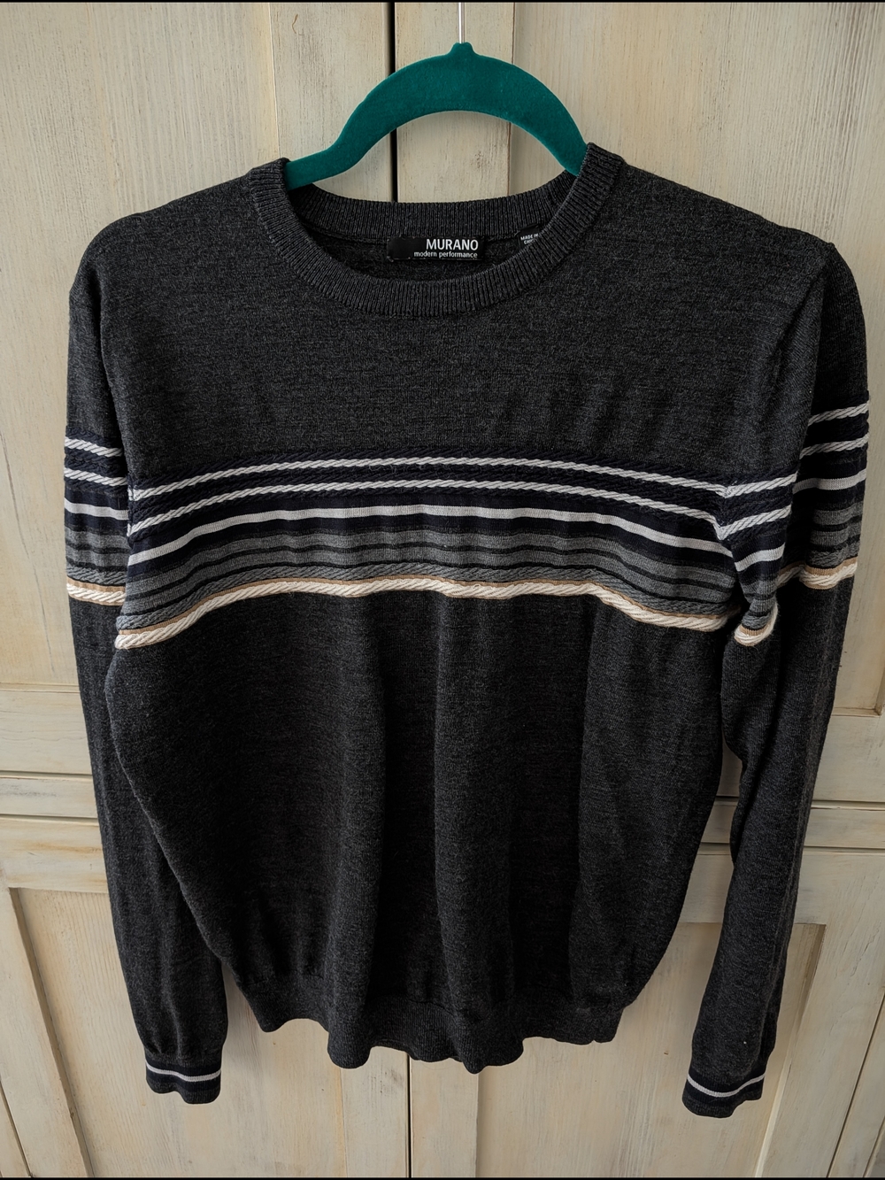 Murano Men's Dark Charcoal Crewneck Sweater with Neutral Stripes